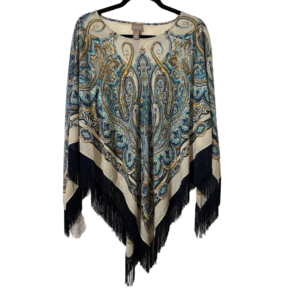 Chico’s Paisley Fringe Poncho OS Blue Beige Boho Ruana Wrap